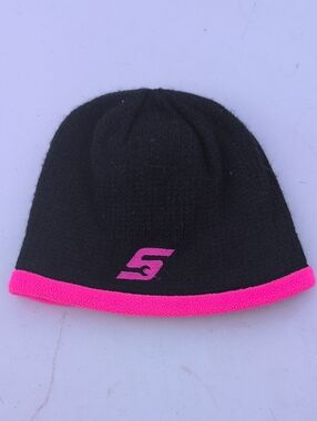 Snap On Black Beanie with Hot Pink Cuff and Logo
